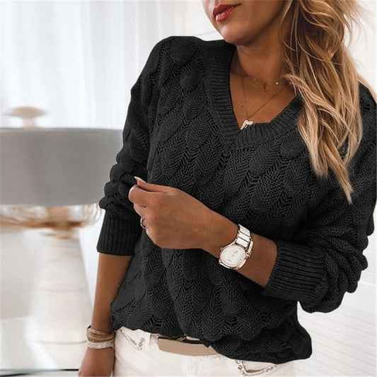 Color-Autumn Winter Sweater Knitted Feather Hollow Out Cutout out V-neck Long Sleeve Sweater for Women-Fancey Boutique