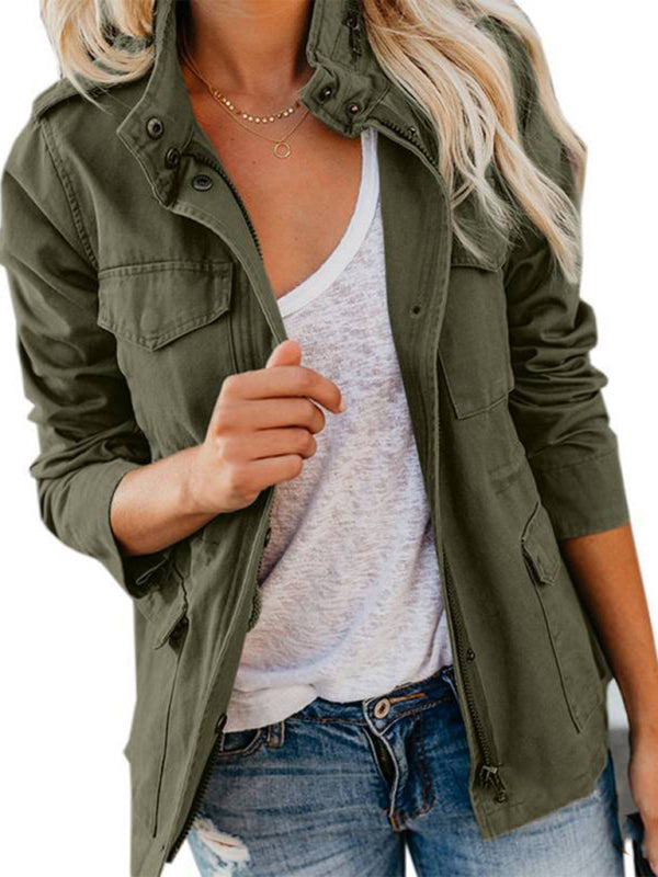 Military Jackets- Autumn Solid Cotton Zip-Up Militar Utility Jacket- - Pekosa Women Clothing