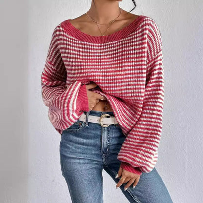 Women's Boat Neck Long Sleeve Striped Sweater