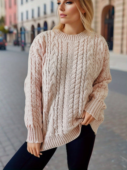 Color-Apricot-Autumn Winter Retro Vertical Stripes Twist Round Neck Long Sleeve Knitted Pullover Thick Needle Sweater Women-Fancey Boutique