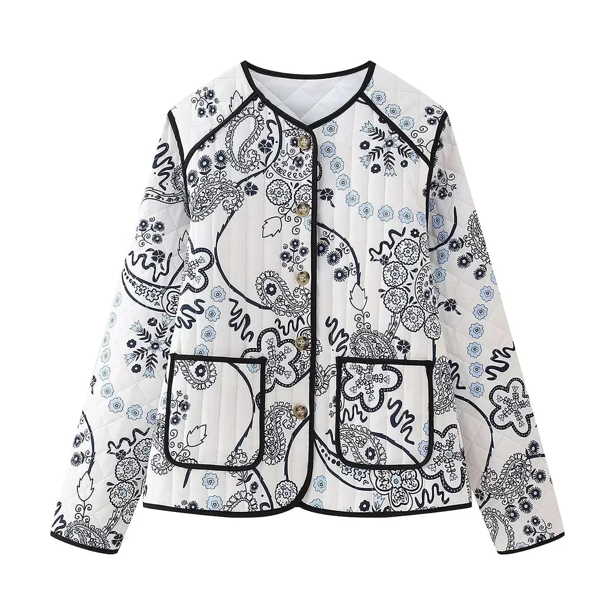 Cotton Printed Quilted Jacket Long Sleeve Patchwork Outerwear