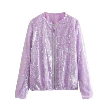 Sequin Round neck long sleeves Front pockets Jacket