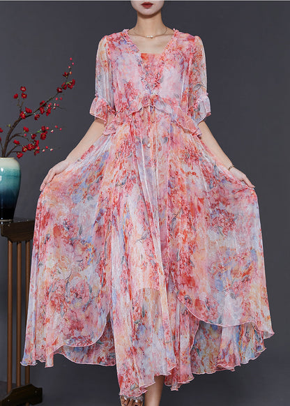 Women Red Ruffled Tie Dye Chiffon Robe Dresses Summer SD1085 Ada Fashion